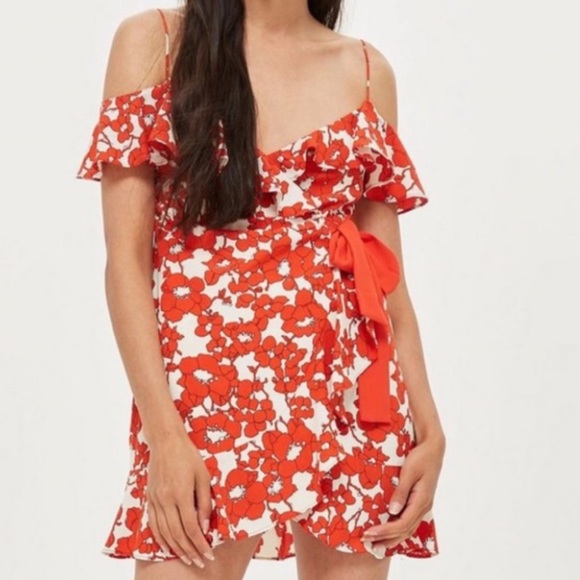 TopShop Orange & White Floral Cold Shoulder Wrap Dress - Picture 1 of 8